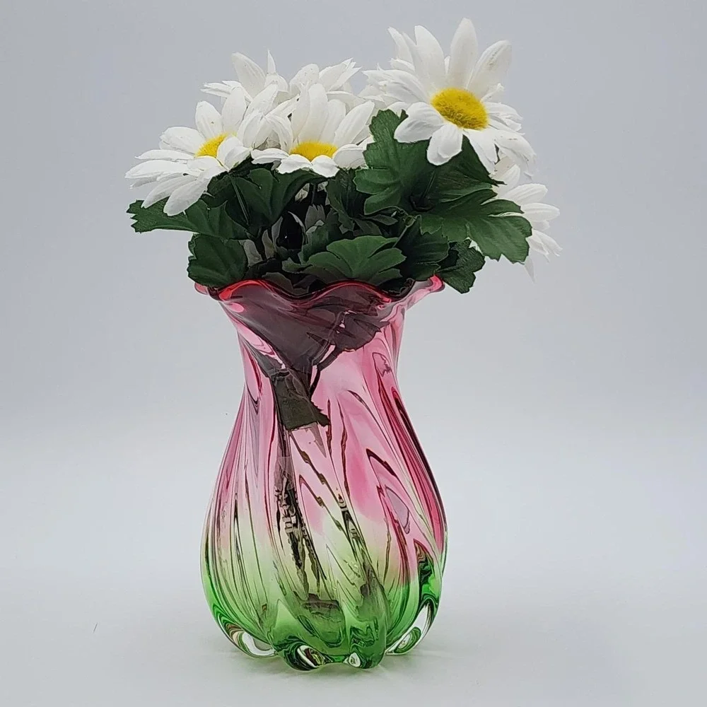 Vintage Teleflora Vase Hand Blown Glass Pink to Green Swirl & Ruffled Rim 7.5